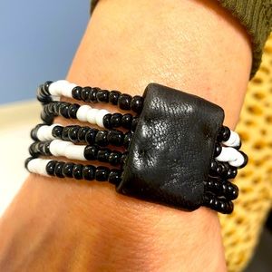 Maa Designs Black and white seed bead leather stretch multistrand bracelet